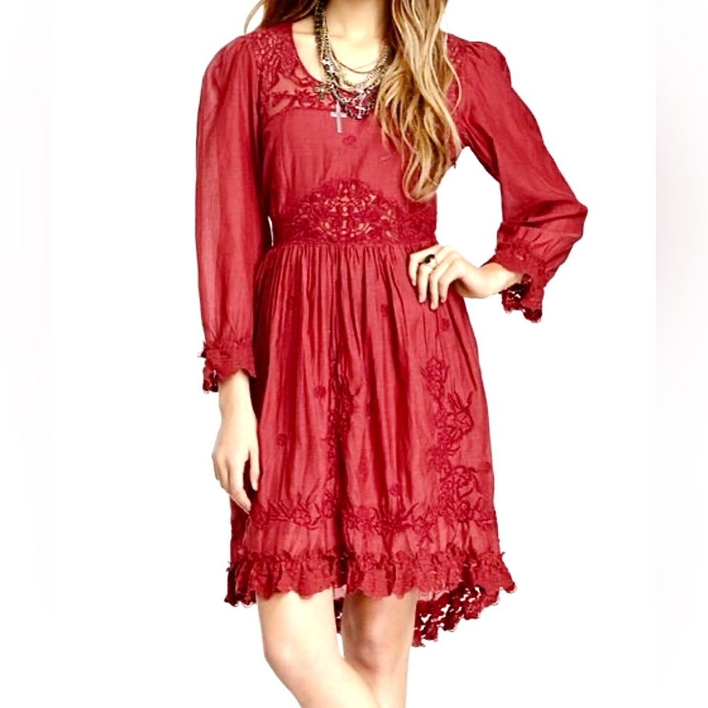Free People Iconic MONTANA Dress Size 6 Color Burgundy, Laced embroidered Detail